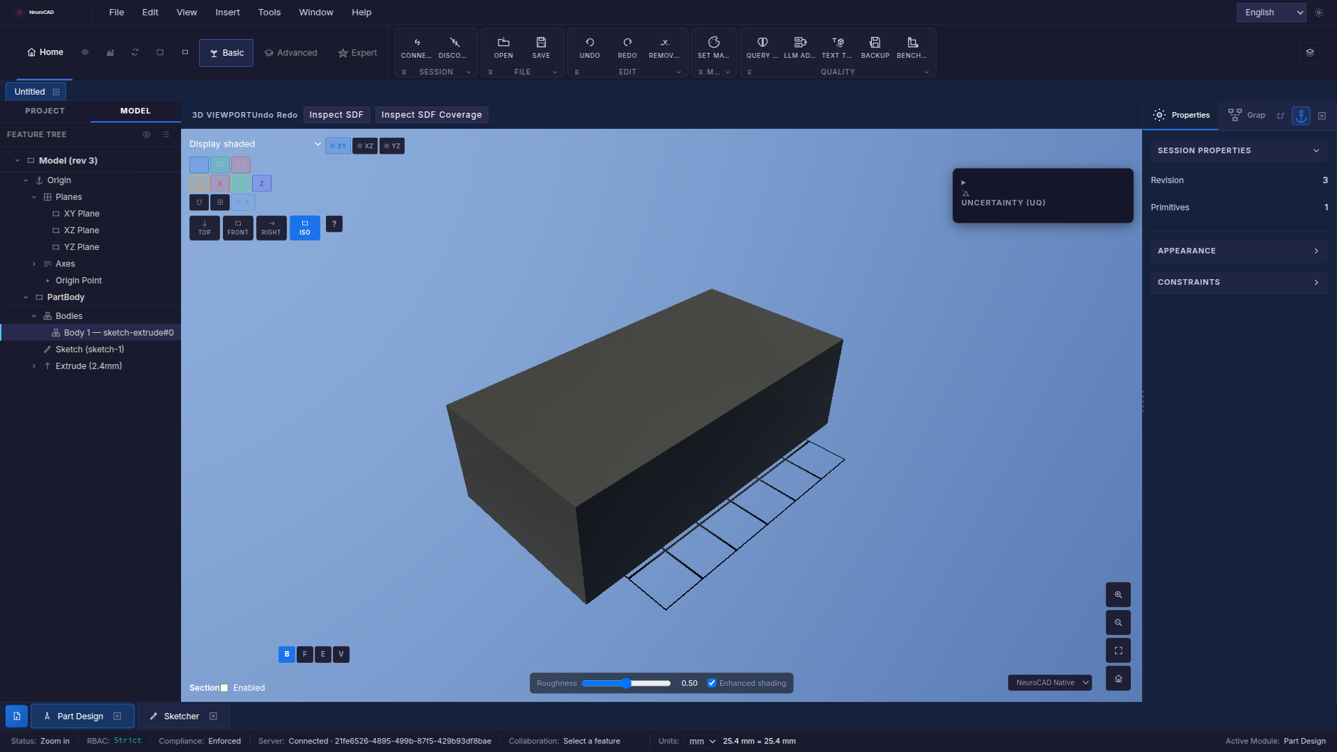 NeuroCAD — Body selection in the Feature Tree.