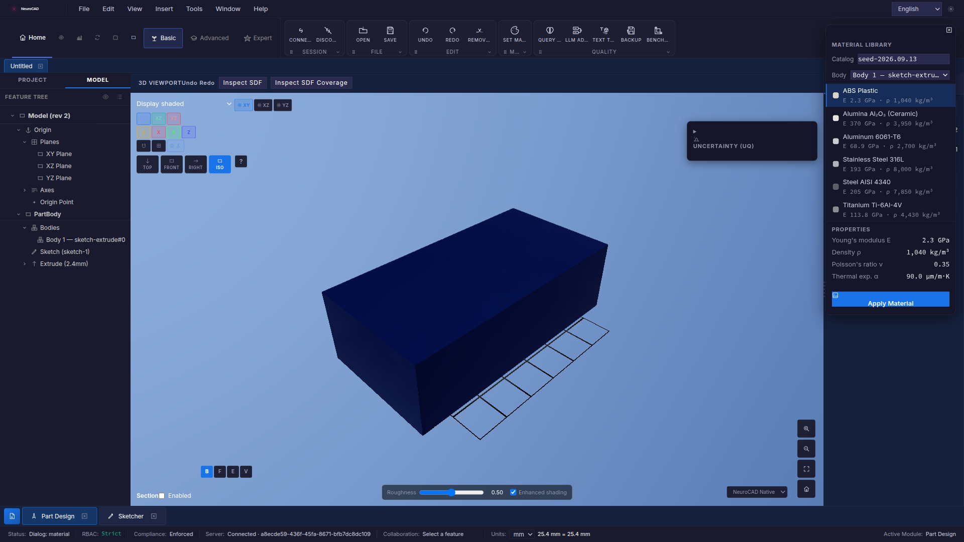 NeuroCAD — Material selection with catalog properties.