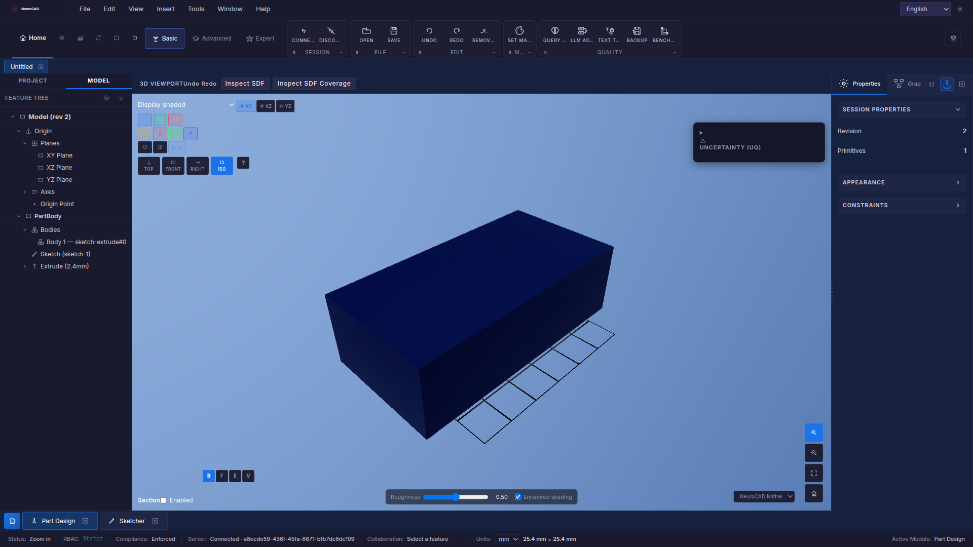 NeuroCAD — From a rectangle sketch to a solid extrusion.